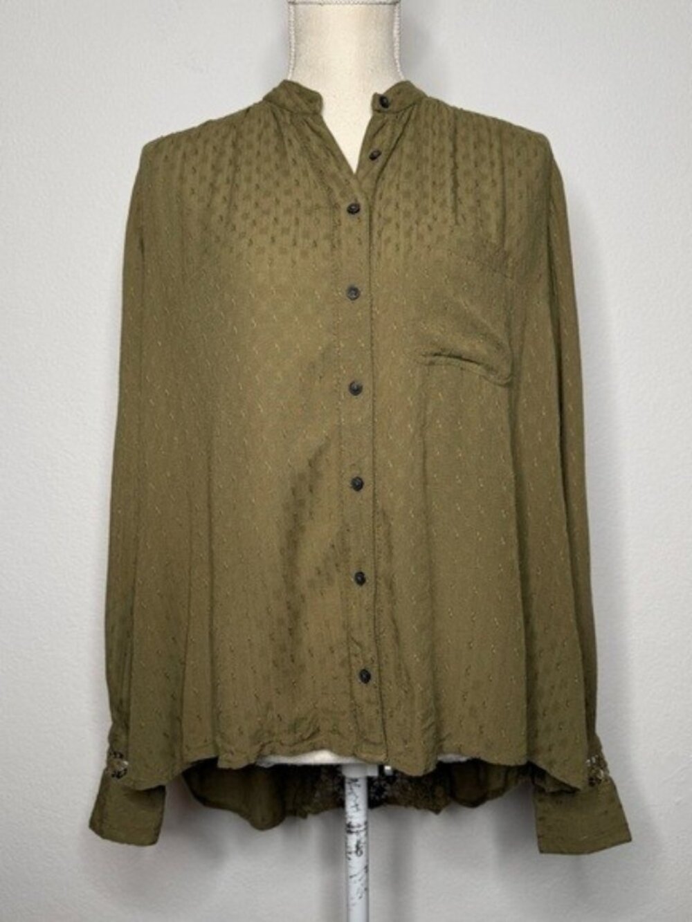 Free People Rayon Cotton Lace Panel Button Down Long Sleeve Blouse Green XS NWT